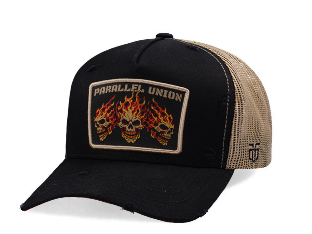Parallel Union Fire Skull Patch Black Distressed Edition Trucker Snapback Hat